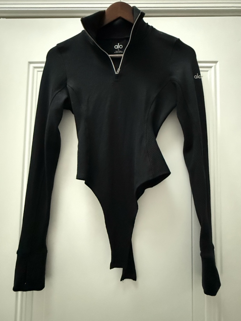 ALO Rise Up Black Long-Sleeve Quarter-Zip Bodysuit